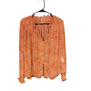 Free People Lela Smocked Ruffle Blouse women M orange coral floral tie vneck